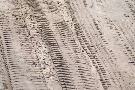 Track of a heavy truck tire on the wet ground surfaceの写真素材