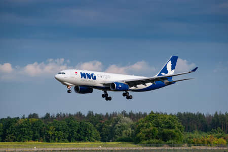 Boryspil, Ukraine - August 3, 2019: MNG Gargo Airlines Airbus A330 is langing in the airportのeditorial素材