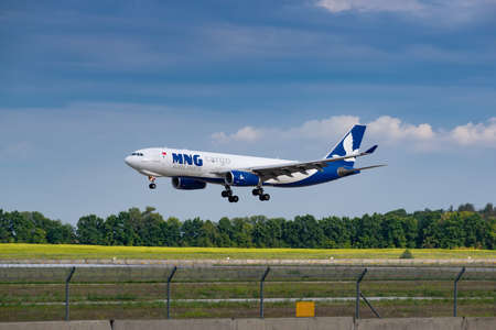 Boryspil, Ukraine - August 3, 2019: MNG Gargo Airlines Airbus A330 is langing in the airportのeditorial素材