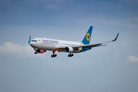 Boryspil, Ukraine - August 3, 2019: Ukraine International Airlines Boeing 767 is langing in the airportのeditorial素材