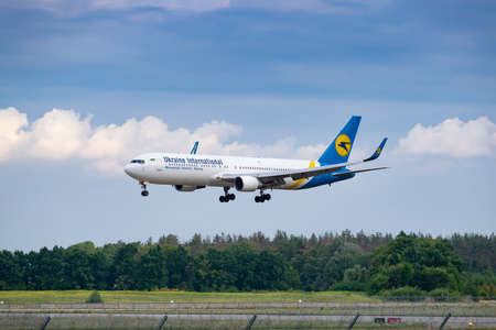 Boryspil, Ukraine - August 3, 2019: Ukraine International Airlines Boeing 767 is langing in the airportのeditorial素材