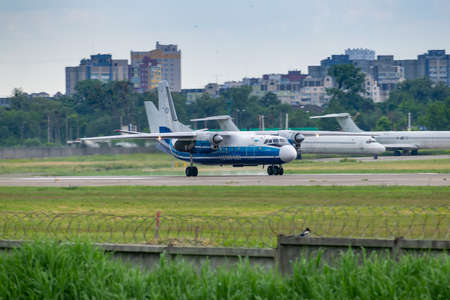 Kyiv, Ukraine - June 9, 2019: Motor Sich Antonov An-24 passenger plane is taking off from the airportのeditorial素材