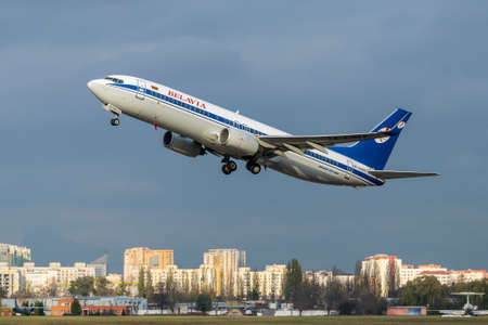 Kyiv Region, Ukraine - October 31, 2019: Belavia Boeing 737-800 takeoff takeoff is taking off into flightのeditorial素材