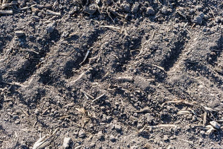 Tractor tracks imprints on the field closeupの写真素材