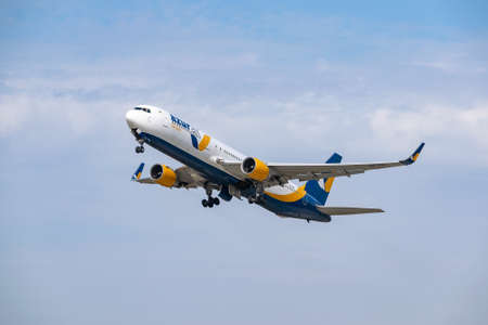 Boryspil, Ukraine - September 25, 2020: Azur Air Ukraine Boeing 767-300 is taking off from the airportのeditorial素材