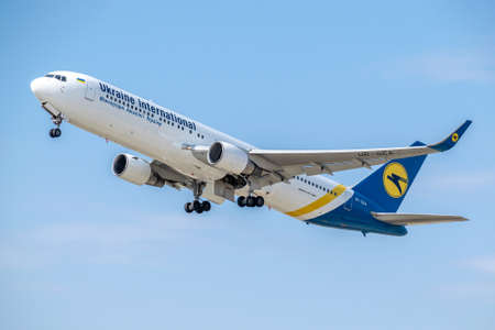 Boryspil, Ukraine - September 25, 2020: Ukraine International Airlines Boeing 767-300 is taking off from the airportのeditorial素材