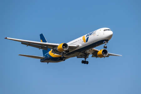 Boryspil, Ukraine - September 25, 2020: Azur Air Ukraine Boeing 767-300ER is landing in the airportのeditorial素材