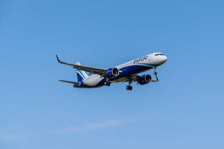 Boryspil, Ukraine - September 25, 2020: IndiGo Airbus A321neo is landing in the airportのeditorial素材