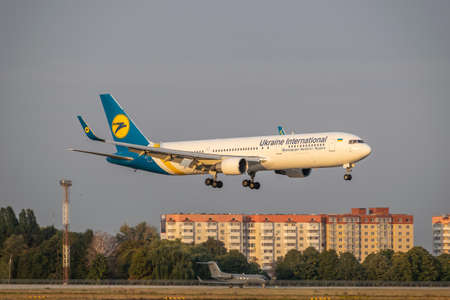 Boryspil, Ukraine - September 25, 2020: Ukraine International Airlines Boeing 767-300ER is landing in the airportのeditorial素材