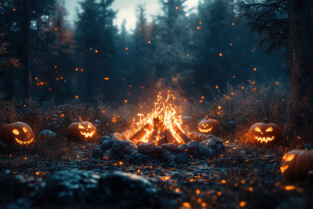 Glowing Pumpkins in Spooky Forest Hyper Realistic Halloween Backgroundの写真素材