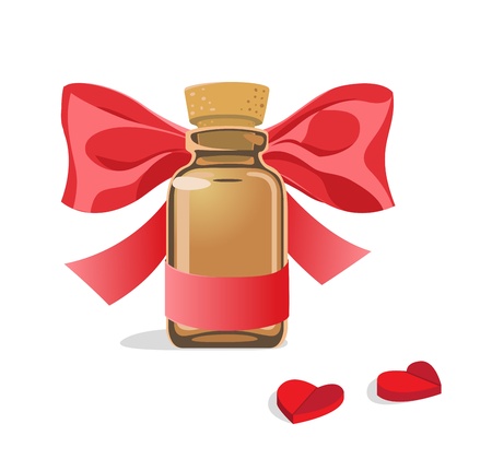 Glass bottle with red bow and pills in the form of heartのイラスト素材