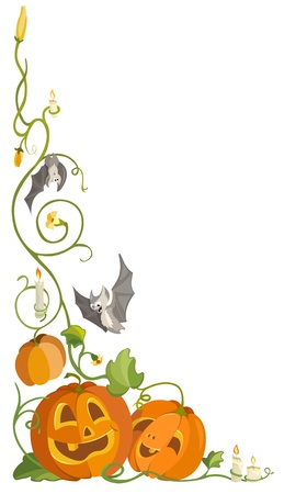 funny pumpkins, bats and candles in the leaves and stems  Illustration for Halloweenのイラスト素材