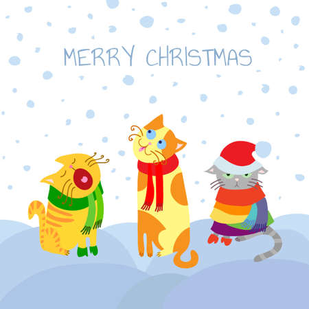 Christmas Card with Cats in Snowのイラスト素材