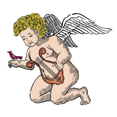 cupid isolated on white with harp and birdのイラスト素材