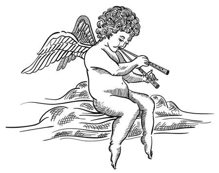engraved angel musician on cloudのイラスト素材