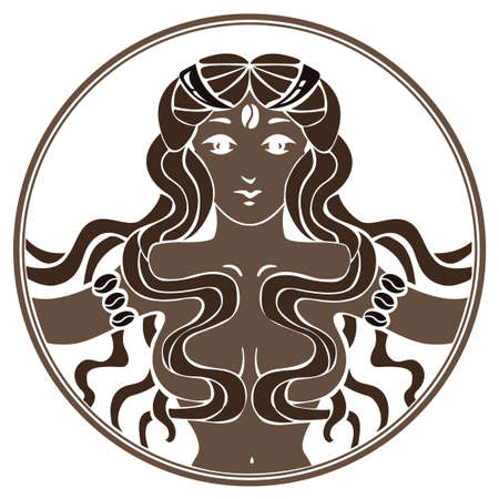 coffee antique vignette with beautiful woman silhouette in circleのイラスト素材