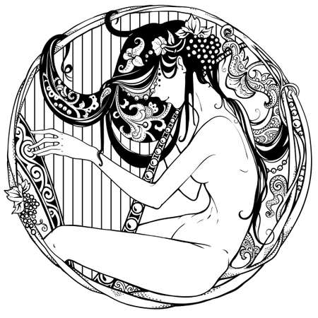 Detailed art-deco decorative vignette as modern satyr female harp playerのイラスト素材
