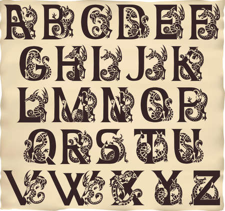 gothic alphabet with gargoyls in medieval styleのイラスト素材