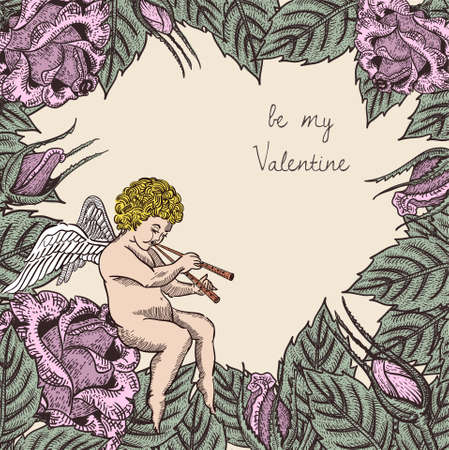 valentine card with cupid and rosesのイラスト素材