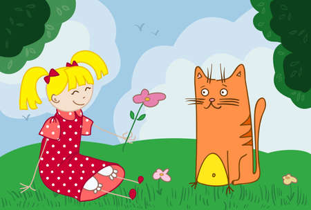 Vector cartoon illustration of cat and girl sitting on the grassのイラスト素材