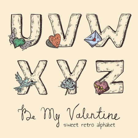 retro Valentine alphabet - u, v, w, x, y, zのイラスト素材