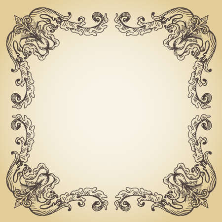 calligraphic page decoration, hand drawn antique frame on old paperのイラスト素材