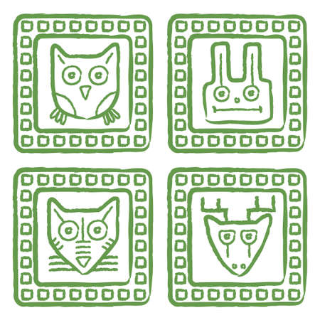 Vector tribal style animal stamps set, mayan ornamental tile のイラスト素材