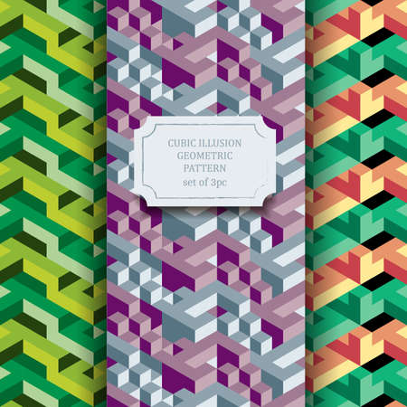 Isometric geometric vector seamless pattern of triangles, set of three hipster textures, ready to useのイラスト素材