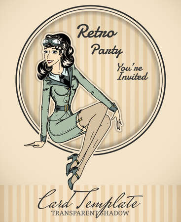 Vector retro pin-up military woman illustration with realistic paper cut out effect parts and transparent shadows, template for vintage invitation, poster or cardのイラスト素材