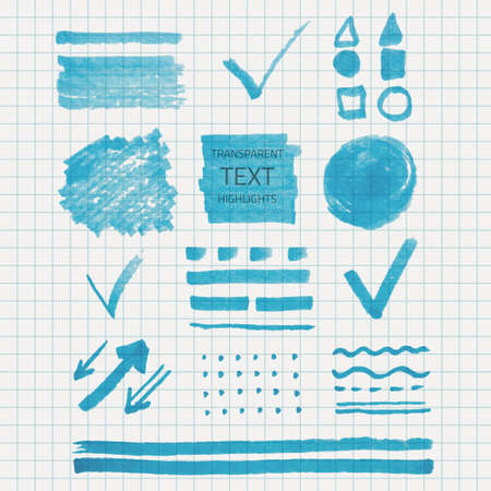 Vector set of transparent highlighter marks, blue color on school checked paperのイラスト素材