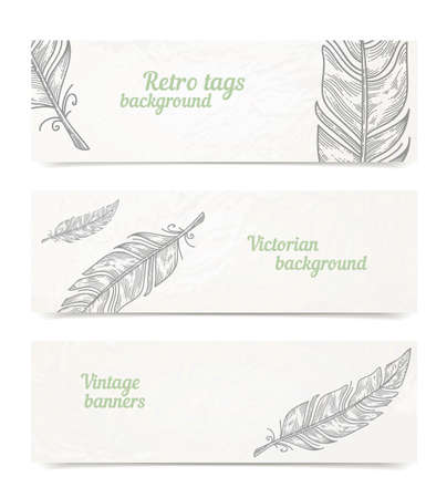 banners with ornaments - engraving style bird featherのイラスト素材