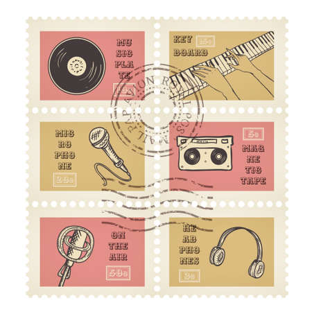 Vector postage stamps retro music equipment theme, canceled, decorative set for scrapbooking のイラスト素材