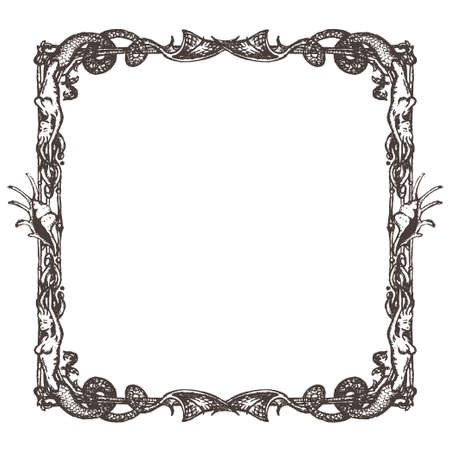 Vector square frame, engraving on nautical and marine themeのイラスト素材