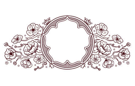 traditional oriental vignette with cherry blossom flowers, hand drawn floral japanese ornament with sakura tree with copy spaceのイラスト素材