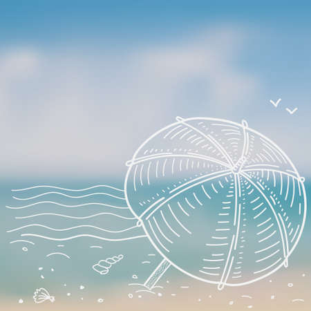 illustration of summer beach sketch, umbrella, toweのイラスト素材