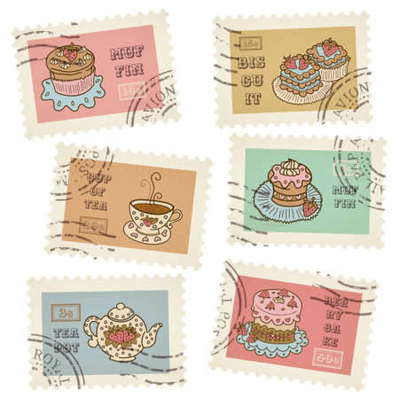 postage stamps retro pastry theme, canceled, decorative 6 stamps set for scrapbookingのイラスト素材