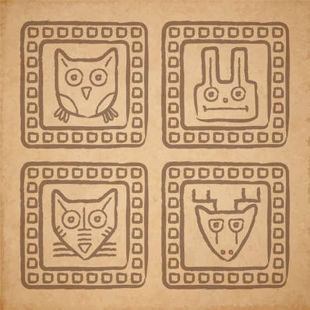 Vector tribal style animal stamps set, mayan ornamental tile on old parchment or cardboardのイラスト素材