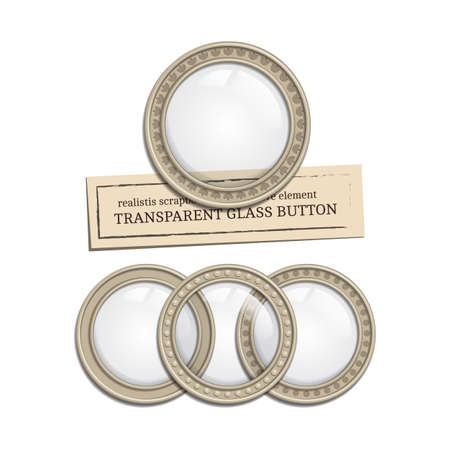 Set of vector glass transparent button in metal frame, round illuminator like icon element for web, game interface and steampunk scrapbooking decoration - with realistic transparent shadowのイラスト素材