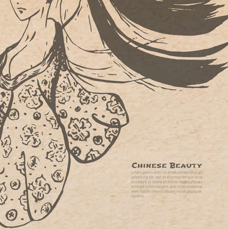 Vector chinese calligraphic ink beautiful woman sketch on vintage old paper texture, realistic parchment page with decoration and copy spaceのイラスト素材