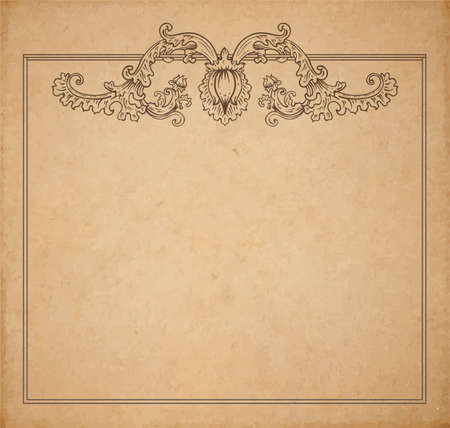 Vintage old paper texture with vector floral frame and medieval flowers, copy space realistic parchment pageのイラスト素材