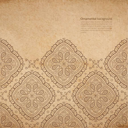 Vector ornate background with copy space, coffe brown ornament on old cardboardのイラスト素材