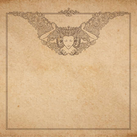 Vintage old paper texture with vector detailed art-nouveau decorative engraved angel woman frame, hand drawn ornamentのイラスト素材