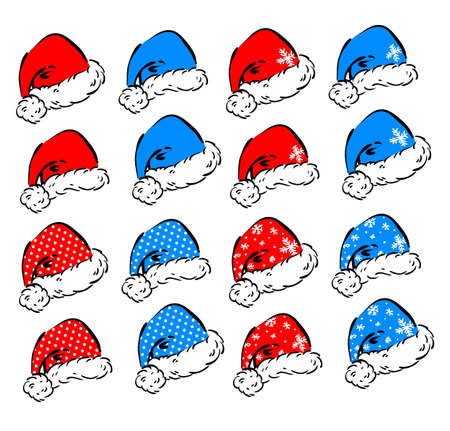 Set of vector decorative elements for Christmas and New Year holidays - red and blue Santa hats in 2 different head angles and 4 decoration stylesのイラスト素材