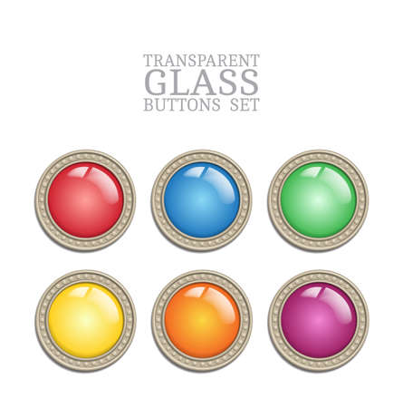 Set of vector glass transparent button in metal frame, round illuminator like color icon element for web, game interface and steampunk scrapbooking decoration - with realistic transparent glass lense and shadowのイラスト素材