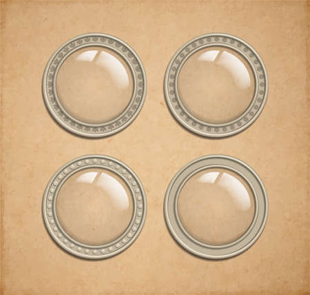 Set of vector glass transparent button in metal frame, round illuminator like icon element for web, game interface and steampunk scrapbooking decoration - with realistic transparent shadow, on vintge parchment backgroundのイラスト素材
