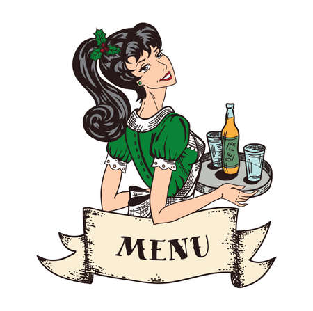 Christmas holiday theme retro waitress in green dress with holly tree leaves and berries in hair and with beer order on tray in hands, retro banner from parchment with copy space.のイラスト素材