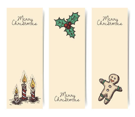Christmas vector vertical banners, vintage drawings style on parchment, craft brown paperのイラスト素材