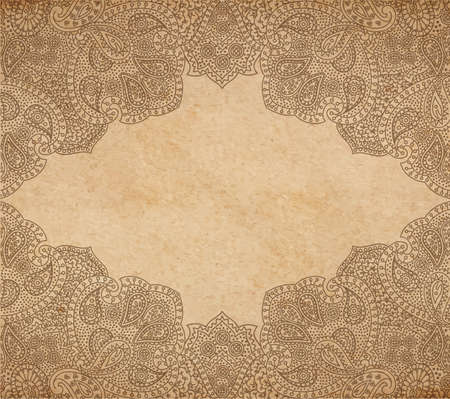 Vintage old paper texture with vector traditional oriental paisley ornament, indian style decorative background, hand drawn asian ornament as engraving style print, copy space card templateのイラスト素材