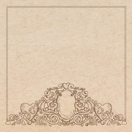 Vintage old paper texture with vector romantic Medieval vignette frame, engraved medallion with hearts, hand drawn ancient ornament with flowers and swirls, copy space emblemのイラスト素材
