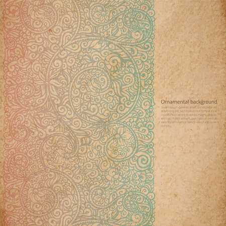 Vector ornate background with copy space, color faded out of time ornament on old cardboardのイラスト素材